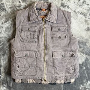 Branded Lion Full Zip Vest Quilted Plaid Lined Sleeveless Collard Faded Size L